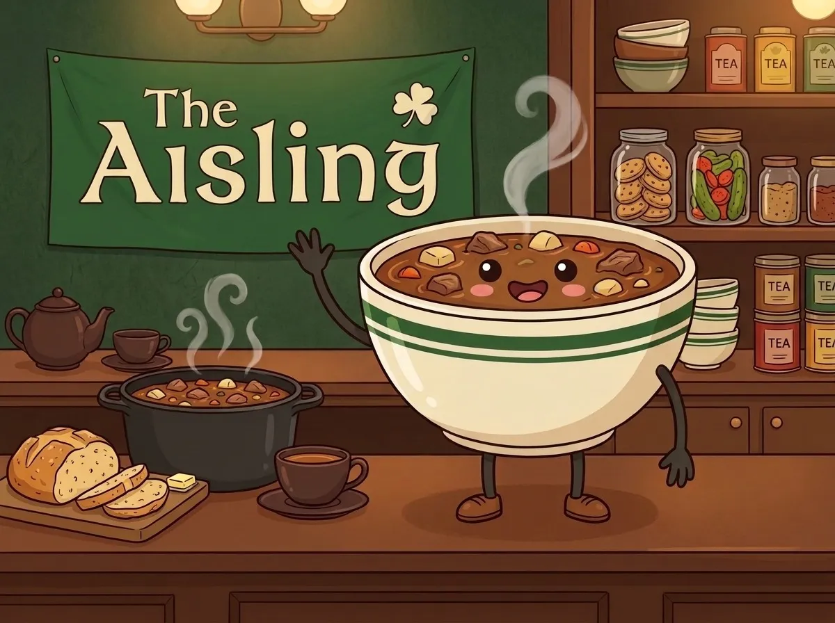 AI Riley, a cheerful bowl of Irish stew, the narrator of What Has Irish Stew Got to Do With AI?