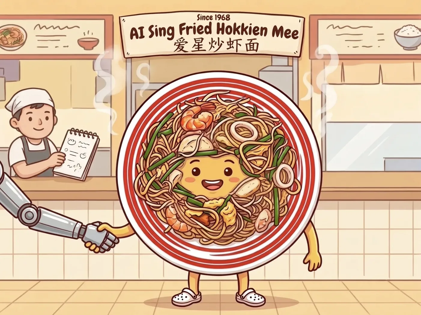 AI Sing, a cheerful plate of Hokkien Mee, the narrator of What Has Hokkien Mee Got to Do With AI?